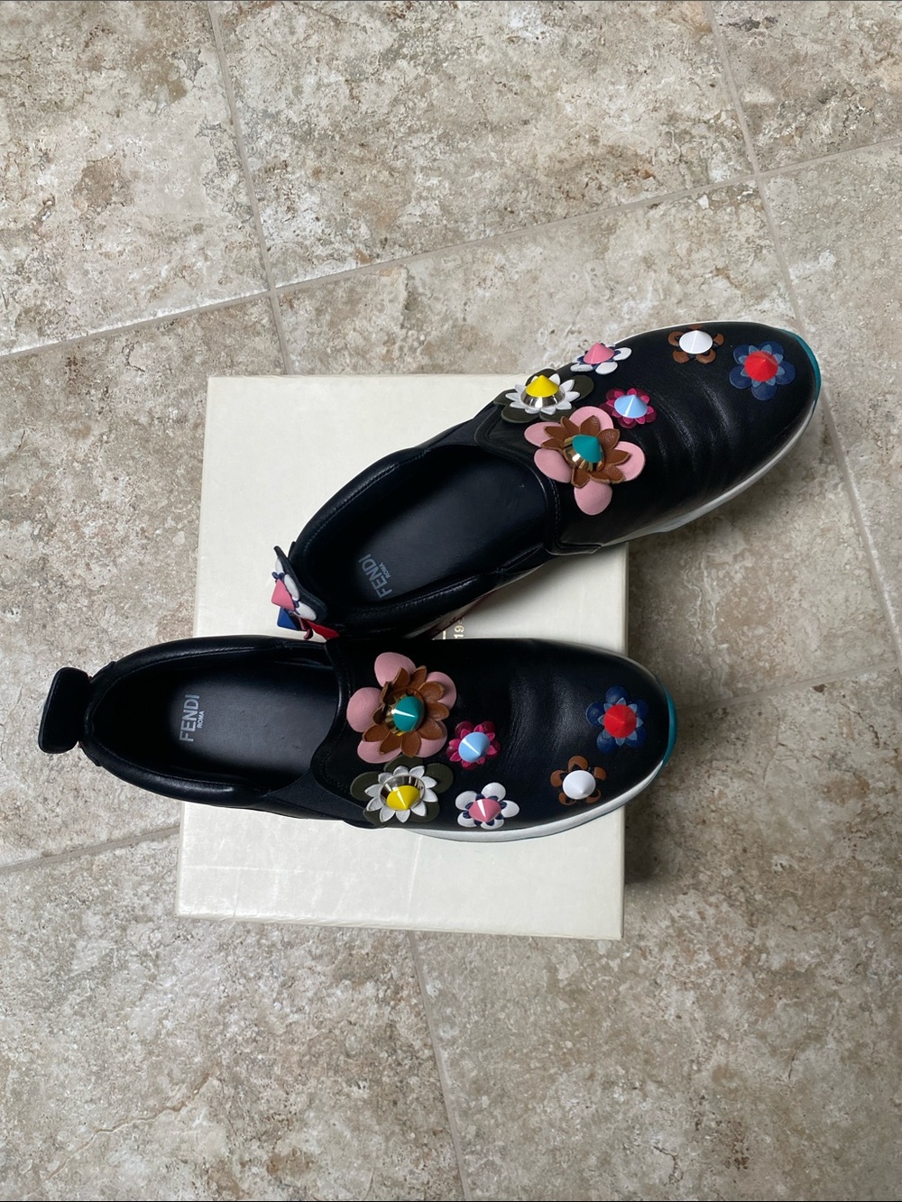 Fendi Black Leather Slip-On Sneakers with Multicolor Floral Appliqués - Picture 2 of 10